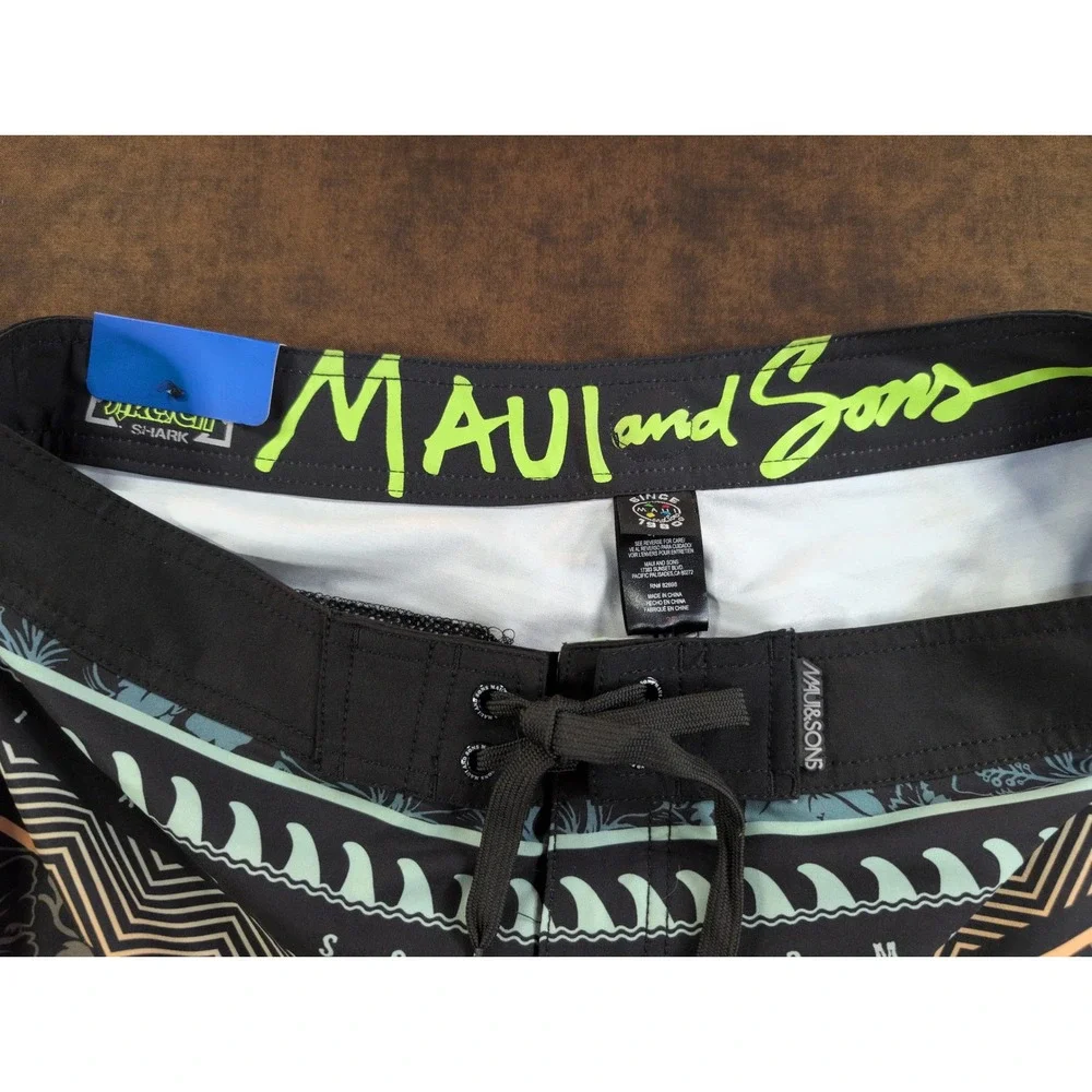 Maui and Sons Mens‎ Board Shorts Size 36 Black Neon Striped Floral Shark Fin NWT
